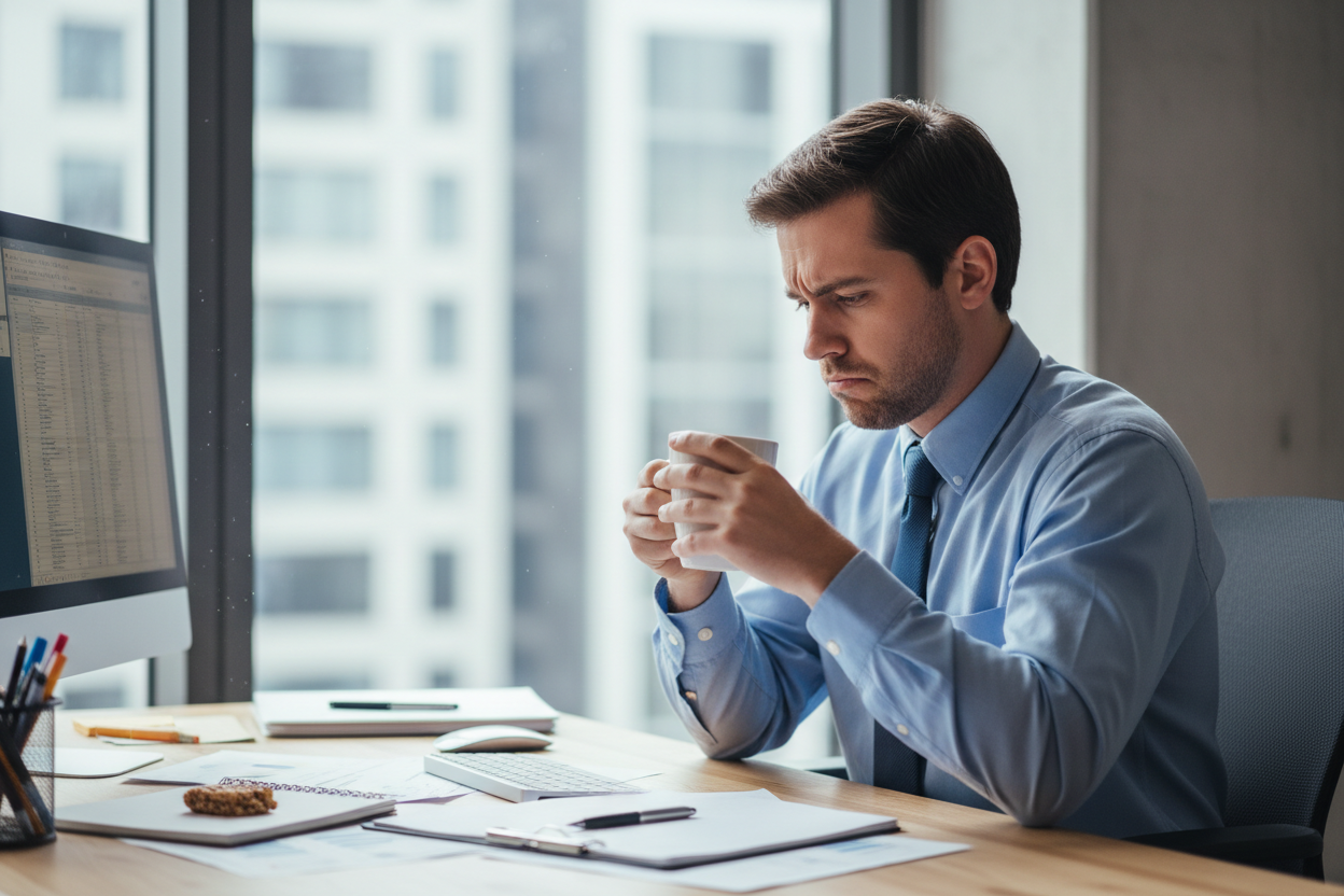 a man while at work is sad because his coffee is cold